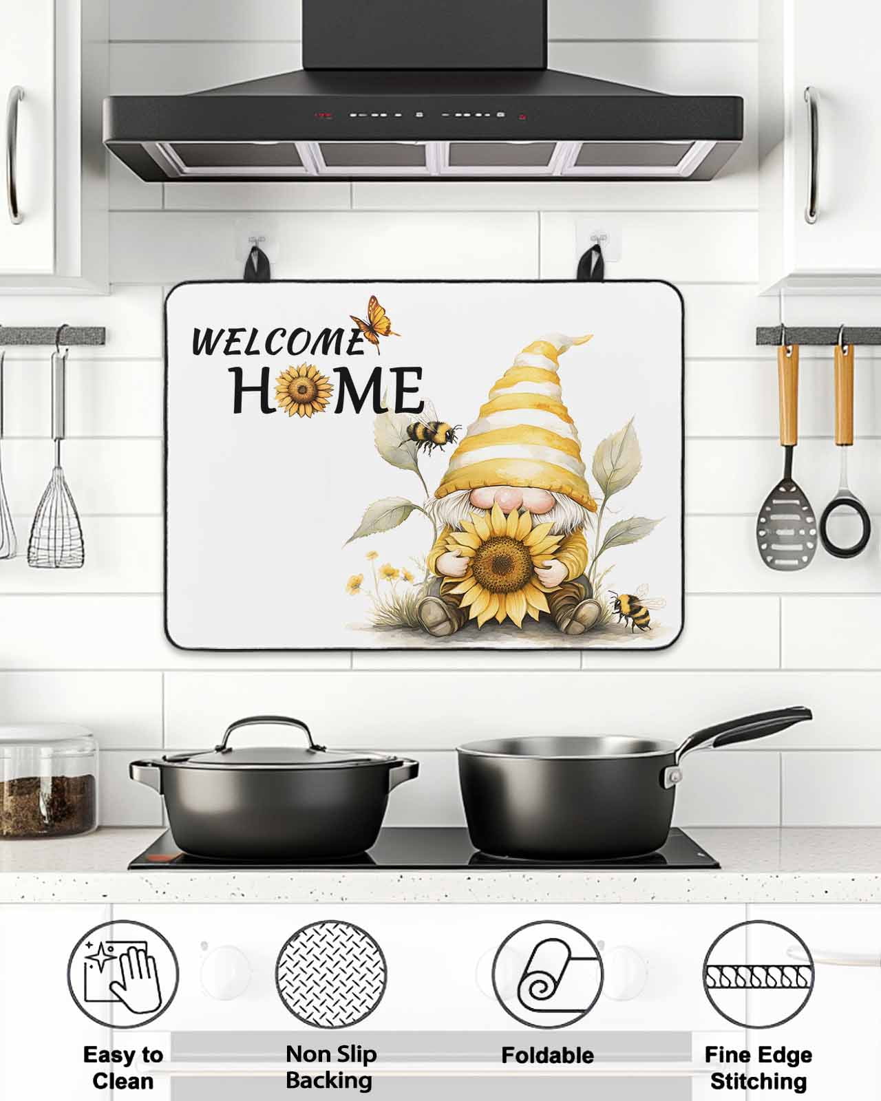 Stove Top Covers for Electric Stove 28.5x20.5 Inches, Yellow Sunflower Heat Insulation Fireproof Glass Cooktop Protector, Gnomes Vintage Bee Butterfly Art Countertop Stovetop Cover for Kitchen