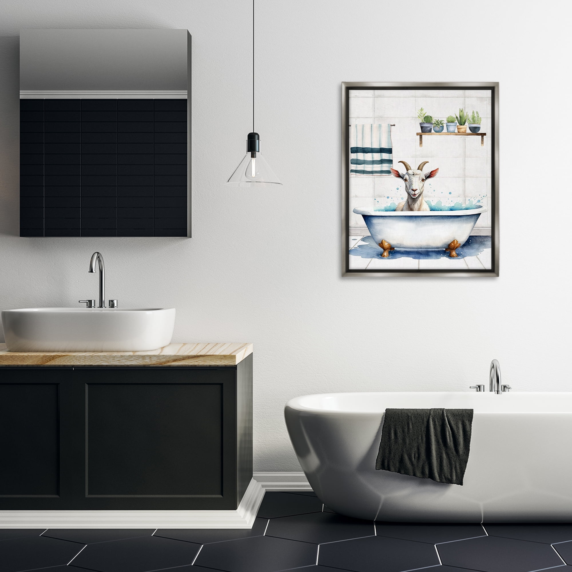 Stupell Industries Goat Bathtime Suds Bath & Laundry Painting Gray Floater Framed Canvas Art Print Wall Art, 25 x 31