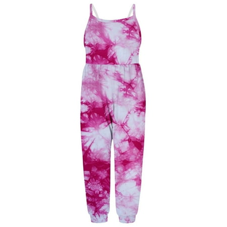 

REORIAFEE Rompers for Girls Sleeveless Rompers Spaghetti Straps Overalls Tie Dye Gradient Playsuit Backless Onesie with Pocket One Piece Size 4-5Y Pink