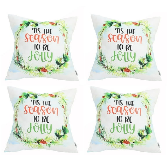Decorative Christmas Themed Throw Pillow Cover Set of 4 Square 18" x 18" White & Green for Couch, Bedding