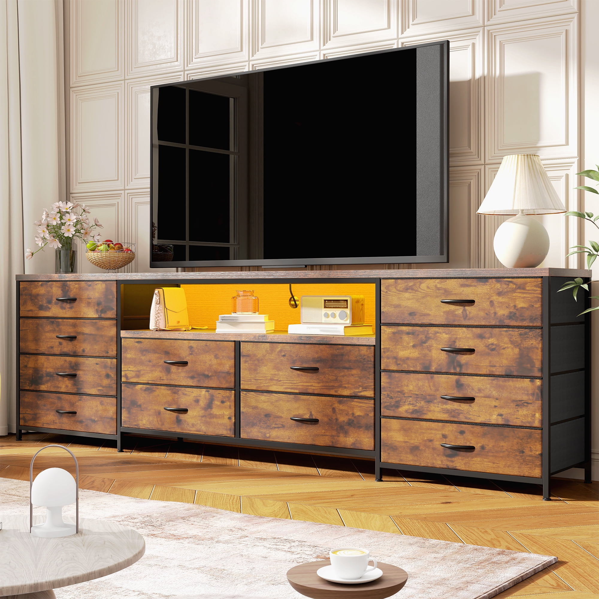 63" W 12-Drawers Dresser TV Stand for 65/70/75 Inch TVs,Entertainment Center with LED Lights & Power Outlets,Fabric Drawers for Bedroom,Living room,Rustic Brown