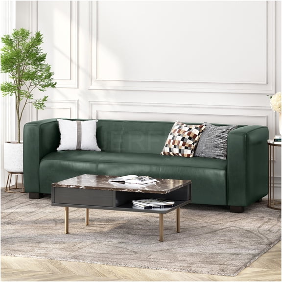 JERFIT Modern Green PU Leather 3 Seater Sofa Couch, Tuxedo Design with Birch Wood Legs for Living Room
