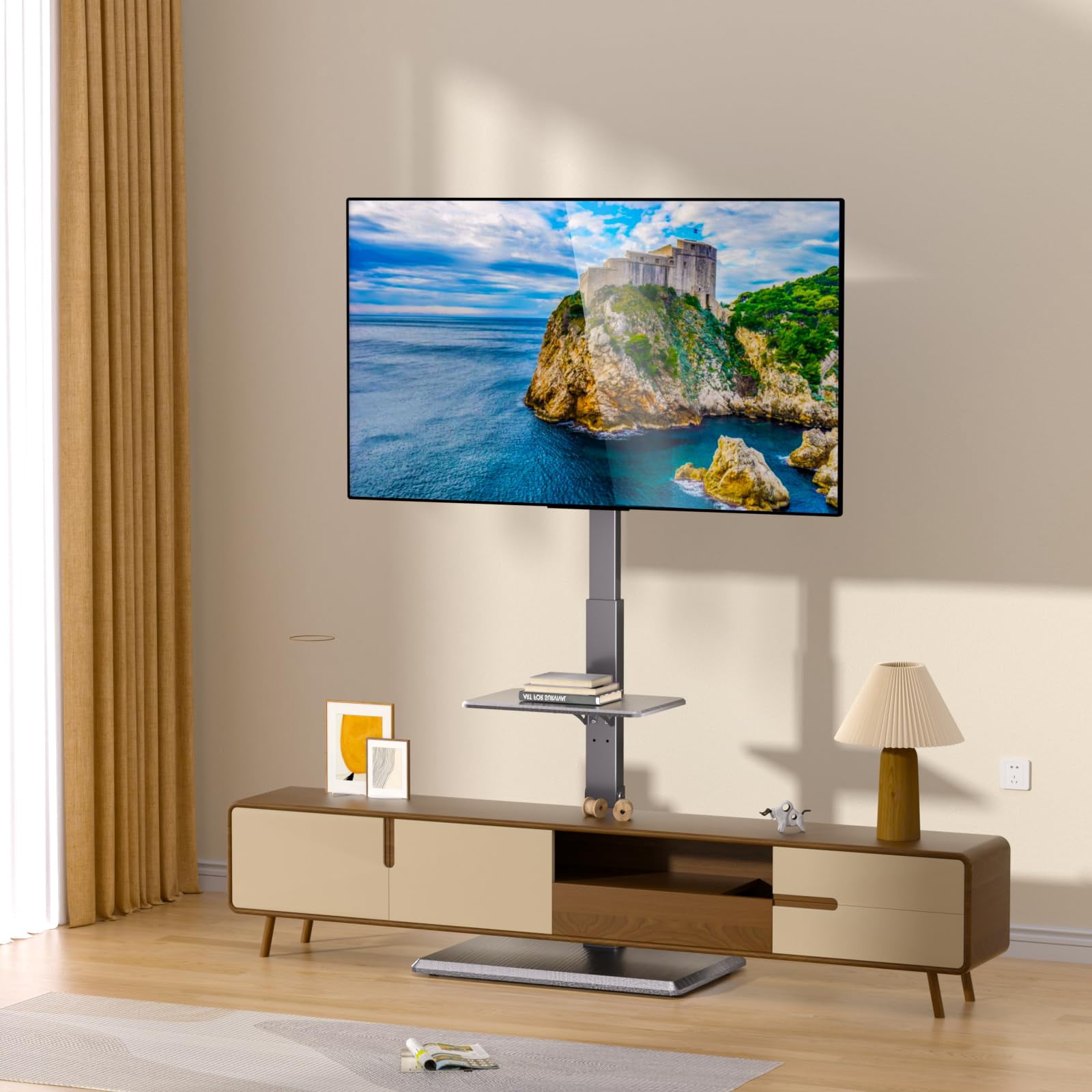 Afaloona Universal Floor TV Stand, TV Floor Mount Stand with Power Outlet & Removable Shelf for 32-75 inch TV up to 110 lbs, Swivel and Height Adjustable Tall TV Stand for Bedroom