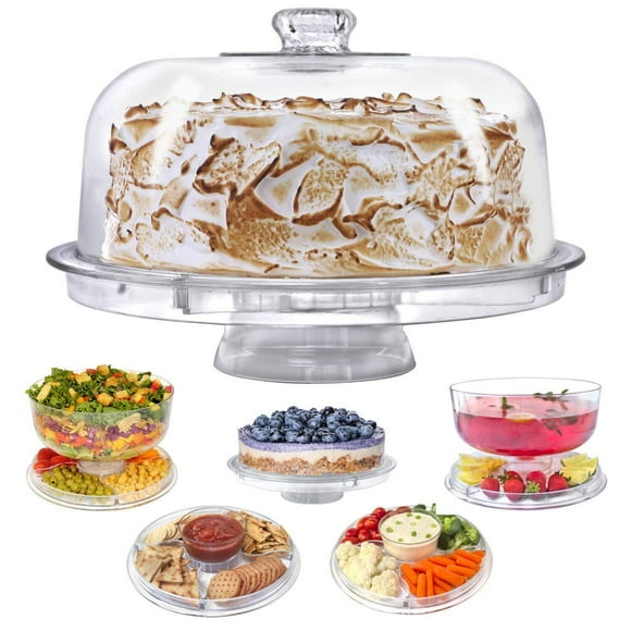 Cake Stand with Dome Cover, 6-in-1 Multi-Purpose Use, Serving Platter, Punch Bowl, Desert Platter and More, BPA Free