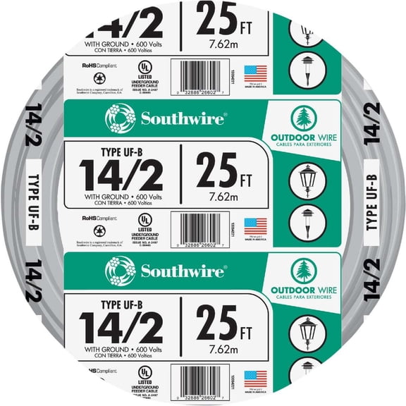 Southwire 13054221 Underground Feeder Wire, 14 Gauge, 25'