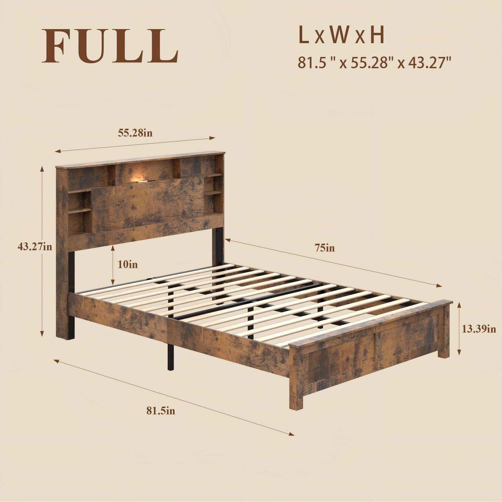 Aukfa Full Bed Frame with Charging Station, Storage Headboard & LED Lights, Farmhouse Wood Platform Bed, Brown