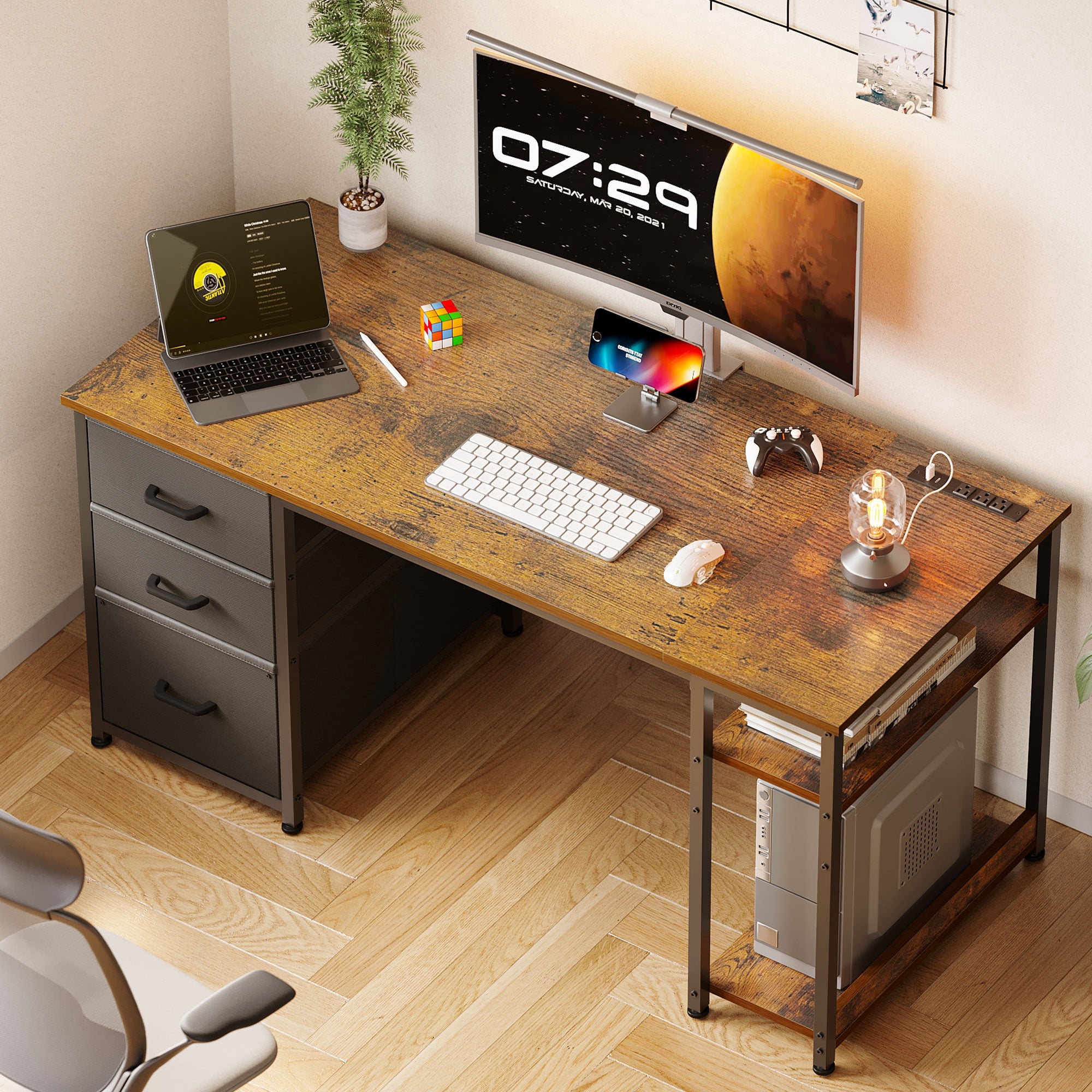 51 Inch Computer Desk with File Drawers & USB Power Outlets- Reversible Home Office Desk with Storage Shelves, Work from Home, Writing Table for Bedroom, Vintage