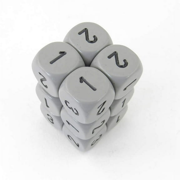 Gray Opaque Dice with Black Numbers D3 (d6 1-3 Twice) 16mm (5/8in) Pack of 12 Wondertrail