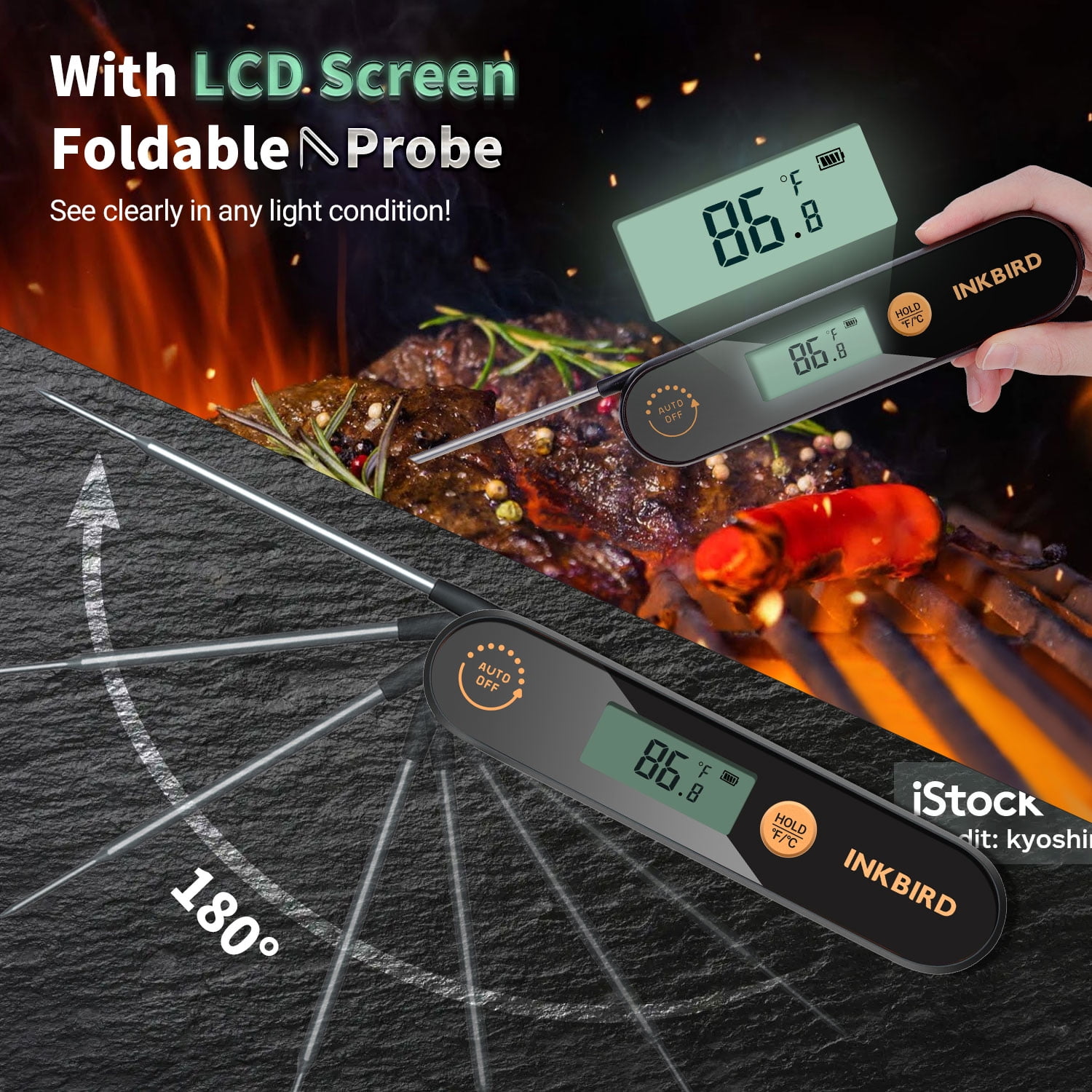 INKBIRD Meat Thermometer with Stainless Steel Probe and LCD Display, Foldable Probe Instant Read Waterproof Digital Food Thermometer , -58°F to 572°F