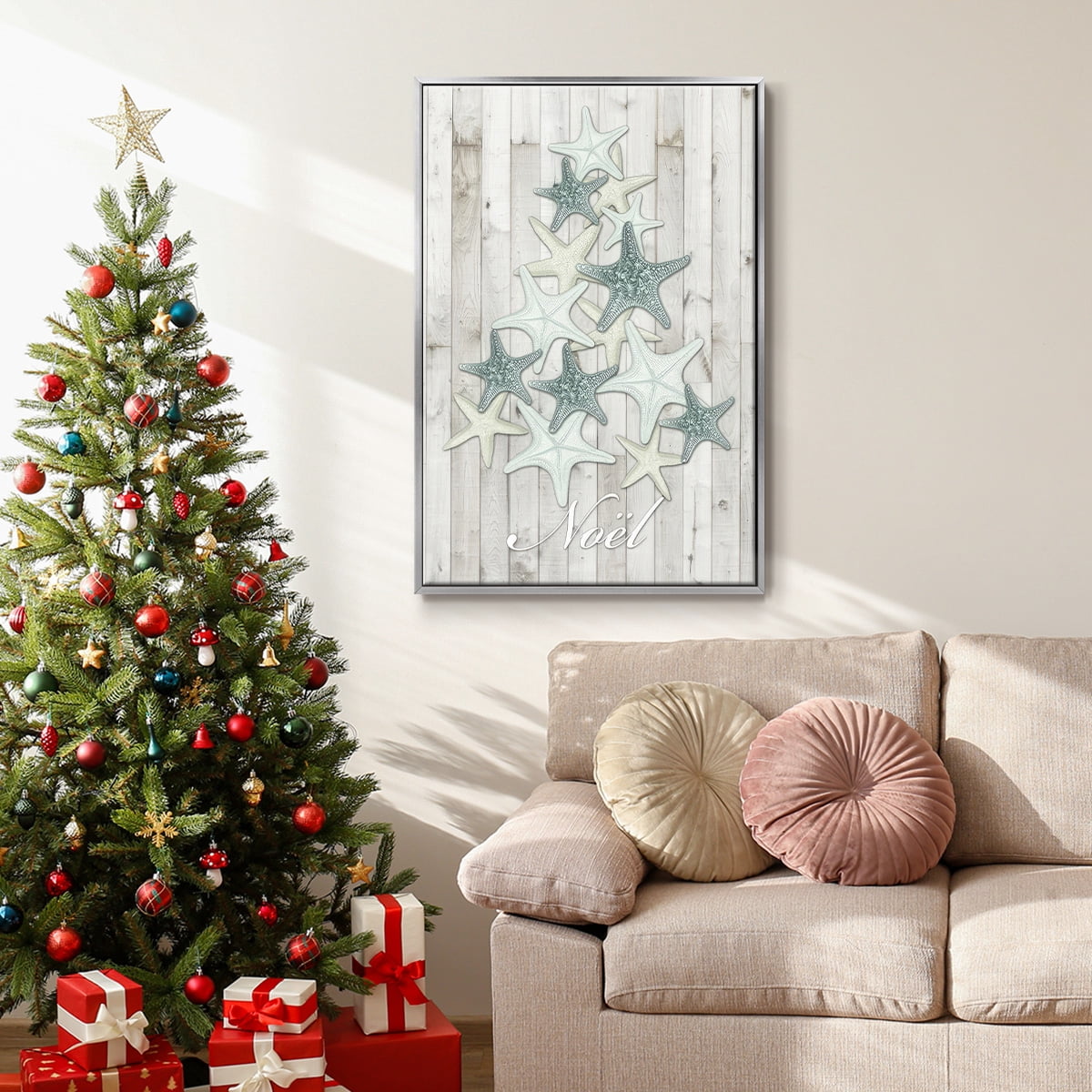 Coastal Christmas IV - Framed Gallery Wrapped Holiday Canvas - 17 x 25 - Silver Frame