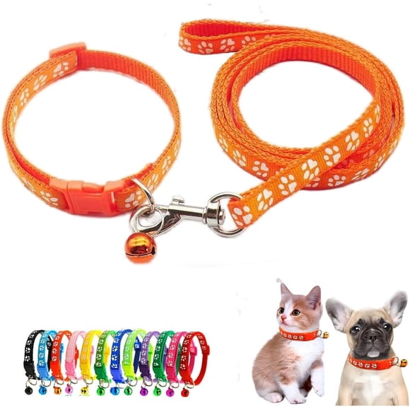 Dog Collar with Bell Leash Set,Nylon Basic Reflective Puppy Collars Girls Boys Paw Print for XXS Xs Small Cat Pet Animal Litter Tiny Kitten