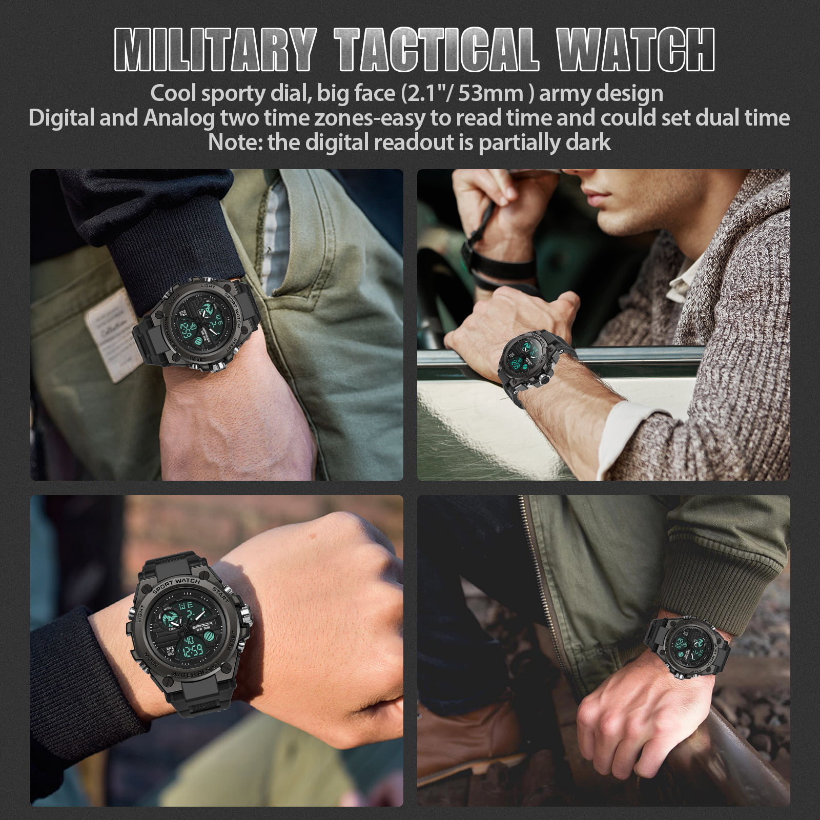 Men's Military Tactical Watch, EEEkit Digital Sports Outdoor Watch for Men, Waterproof Analog Wristwatch, Large Face Alarm Dual Time Army Watches with LED Stopwatch Calendar Day Date - image 2 of 9