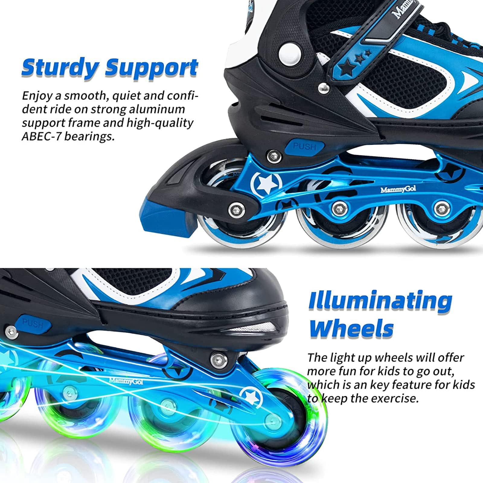 MammyGol Adjustable Inline Skates with Light-Up Wheels for Boys Girls Outdoor Sports, Comfort Youth Kids Skates Blue 5-8
