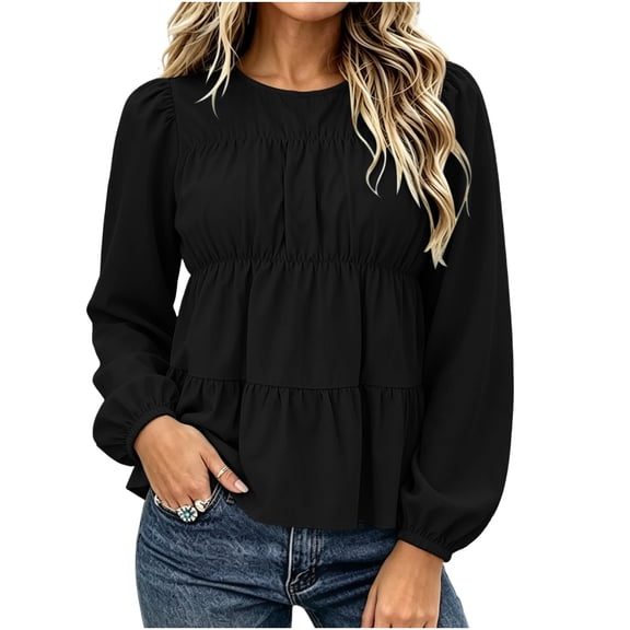 Hurxie Womens Puff Long Sleeve Babydoll Tops Summer Peplum Pleated T Shirts Casual Loose Fit Flowy Blouses Black,M