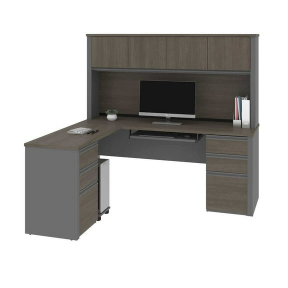 Bestar Prestige Plus 6 Piece L Shaped Computer Desk with Hutch in Bark Gray