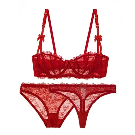 

Varsbaby Lingerie Set for Women Sexy Lace Bra and Panty Thongs Sets Unlined Demi-Cup Underwire Bra and See Though Panties