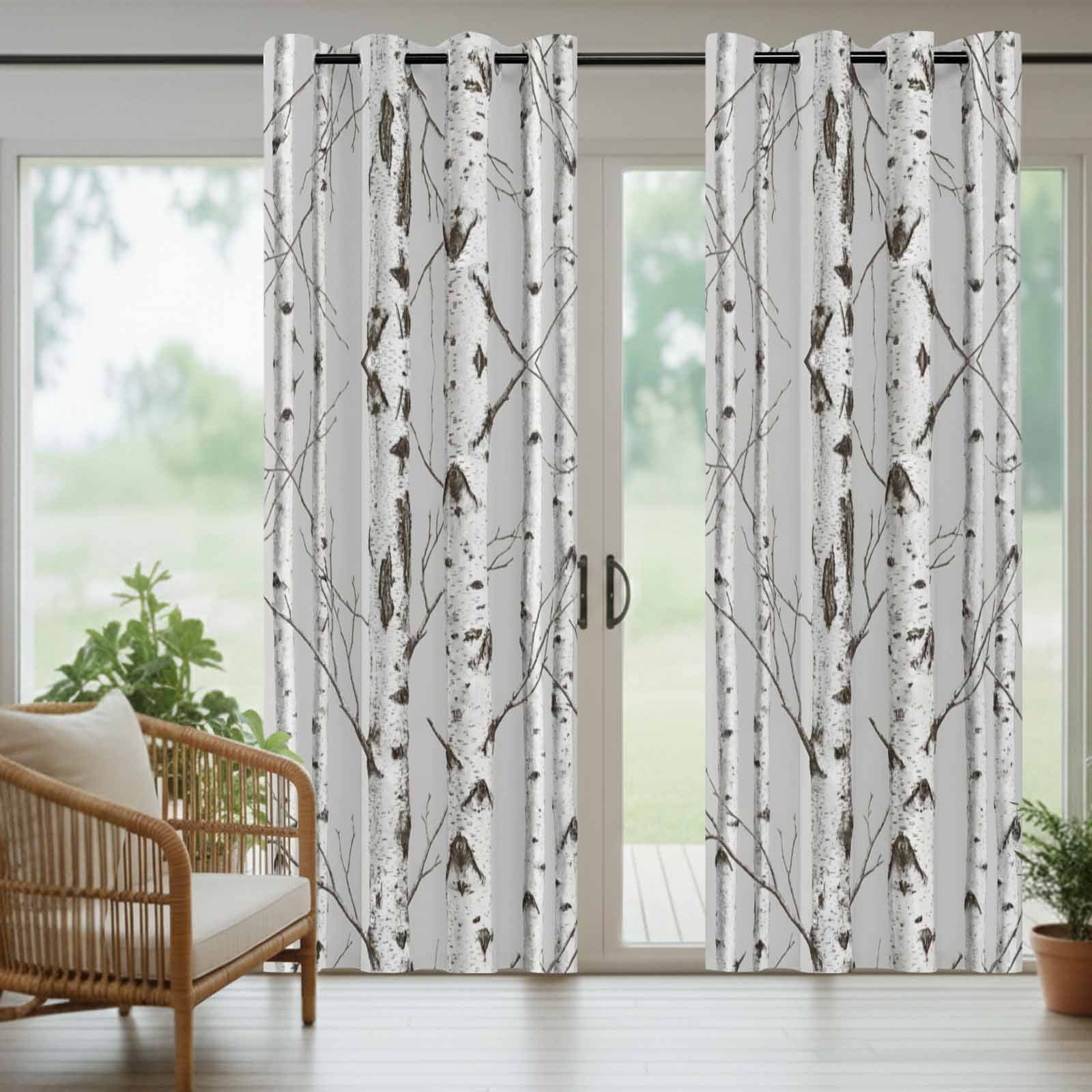 Nature Birch Trees Outdoor Curtains for Patio, Modern Gray Modern Tree Bark Texture Forest Sunshade Privacy Drapes Grommet Waterproof Outside Curtains for Porch/Cabana/Balcony 54"x 108", 1 Panel