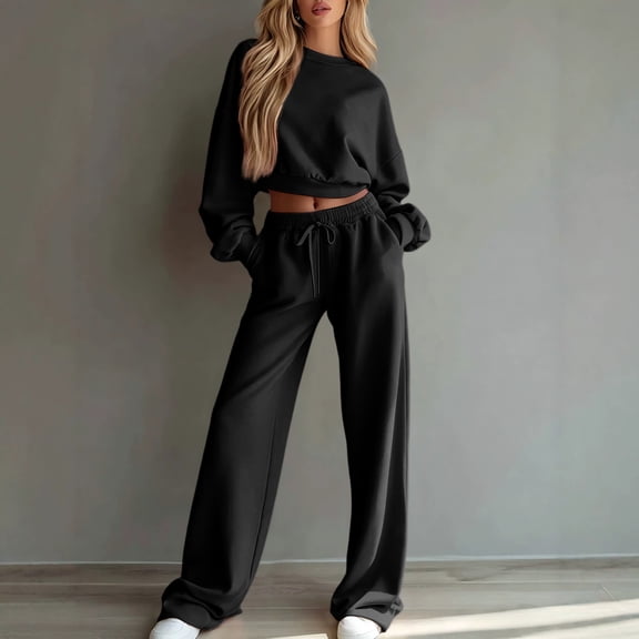 Sweatsuits Women 2 Piece Outfit 2026 Solid Drawstring Wide Leg Sweatpants Crew Neck Long Sleeve Cropped Tracksuit 2XL