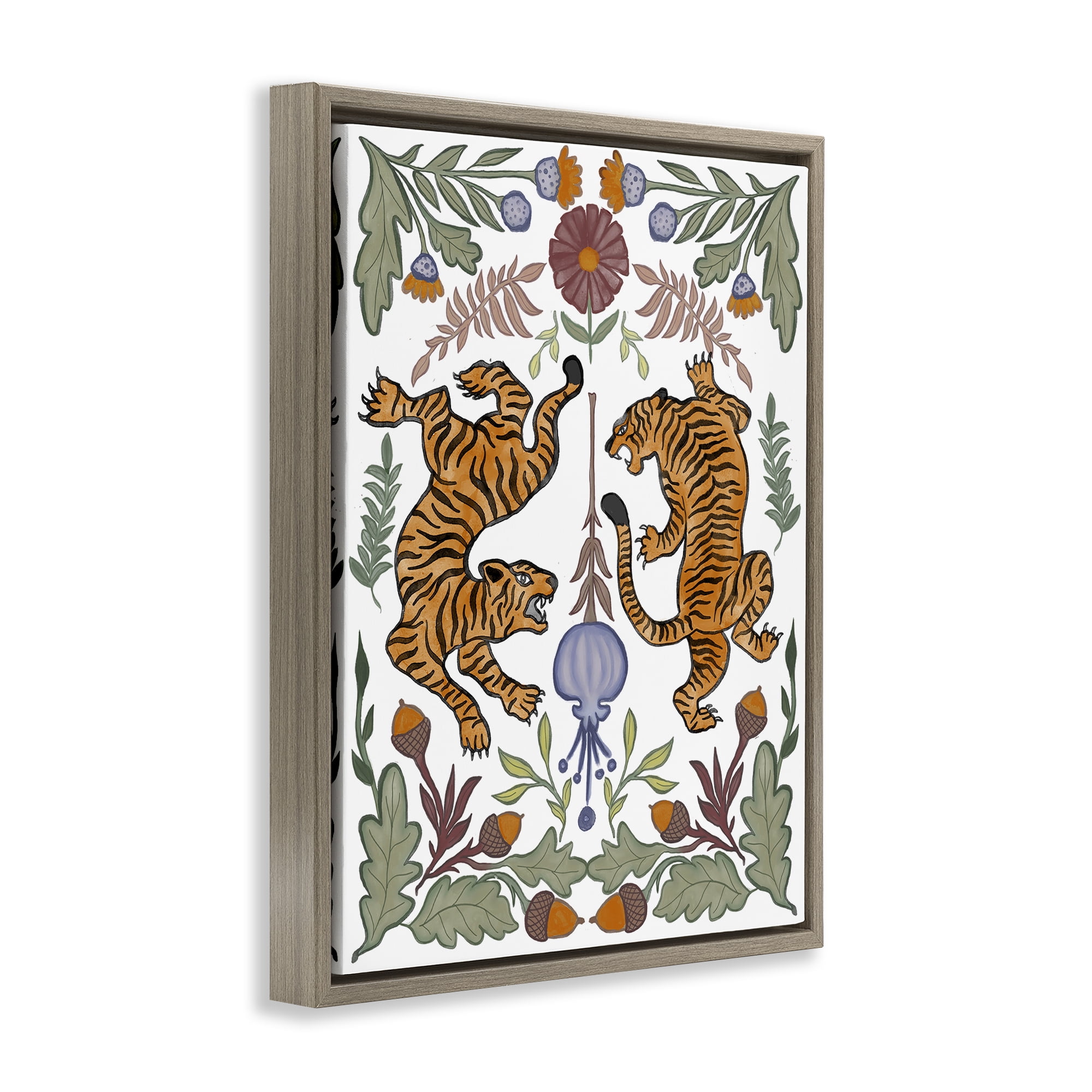 Stupell Industries Mirrored Plants with Tigers Animals Painting Brown Floater Framed Canvas Art Print Wall Art, 17 x 21