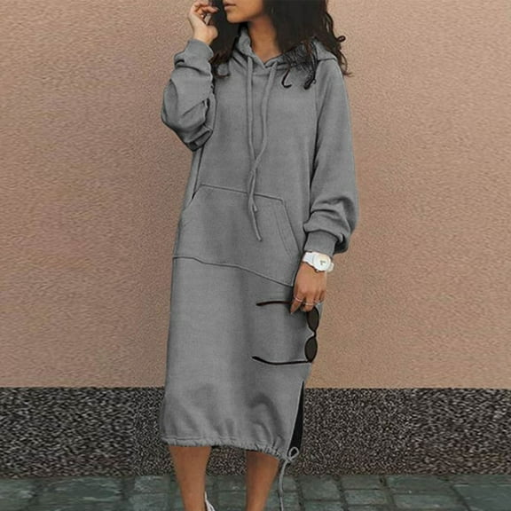 Brilliant Sweatshirt Dresses Women Plus Zip Collar with Pockets 2024 Women's Long Sleeved V-Neck Solid Color Hooded Loose Fitting Dress Gray 4x