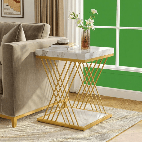2-Tier Square Side Table with Faux Marble Top, X-Shaped Metal Frame, Compact Dual-Shelf Design for Living Room/Bedroom/Small Spaces