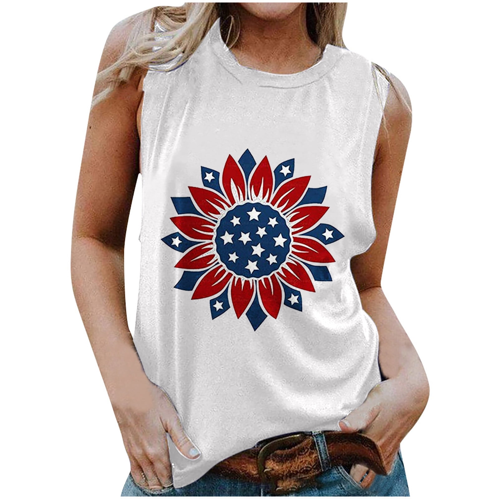 Womens 4th of July Summer Tops Short Sleeve American Flag Shirt Casual Loose Sunflower Tank Tops Tees Womens Shirts 