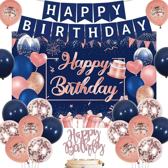 Navy Rose Gold Birthday Decorations Set for Women Girl Happy Birthday Decoration Banner Backdrop Balloon Cake Topper for 16th 18th 21st 50th 60th Birthday Party Supplies