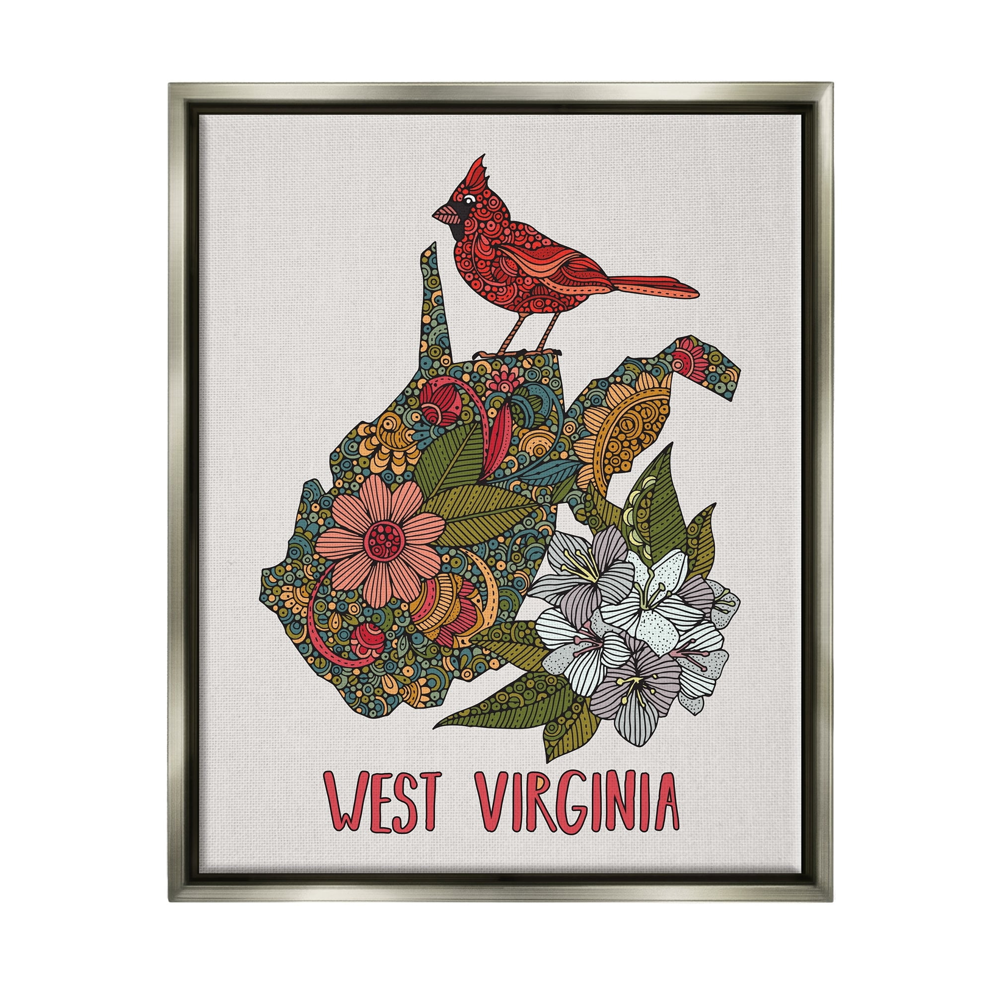 Stupell Industries West Virginia State Cardinal Detailed Floral Pattern Graphic Art Luster Gray Floating Framed Canvas Print Wall Art, Design by Valentina Harper