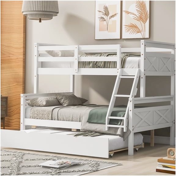 CHAMPFLAG Twin Over Full Bunk Bed with Trundle, Convertible Wood Frame Loft Bed with Guard Rail