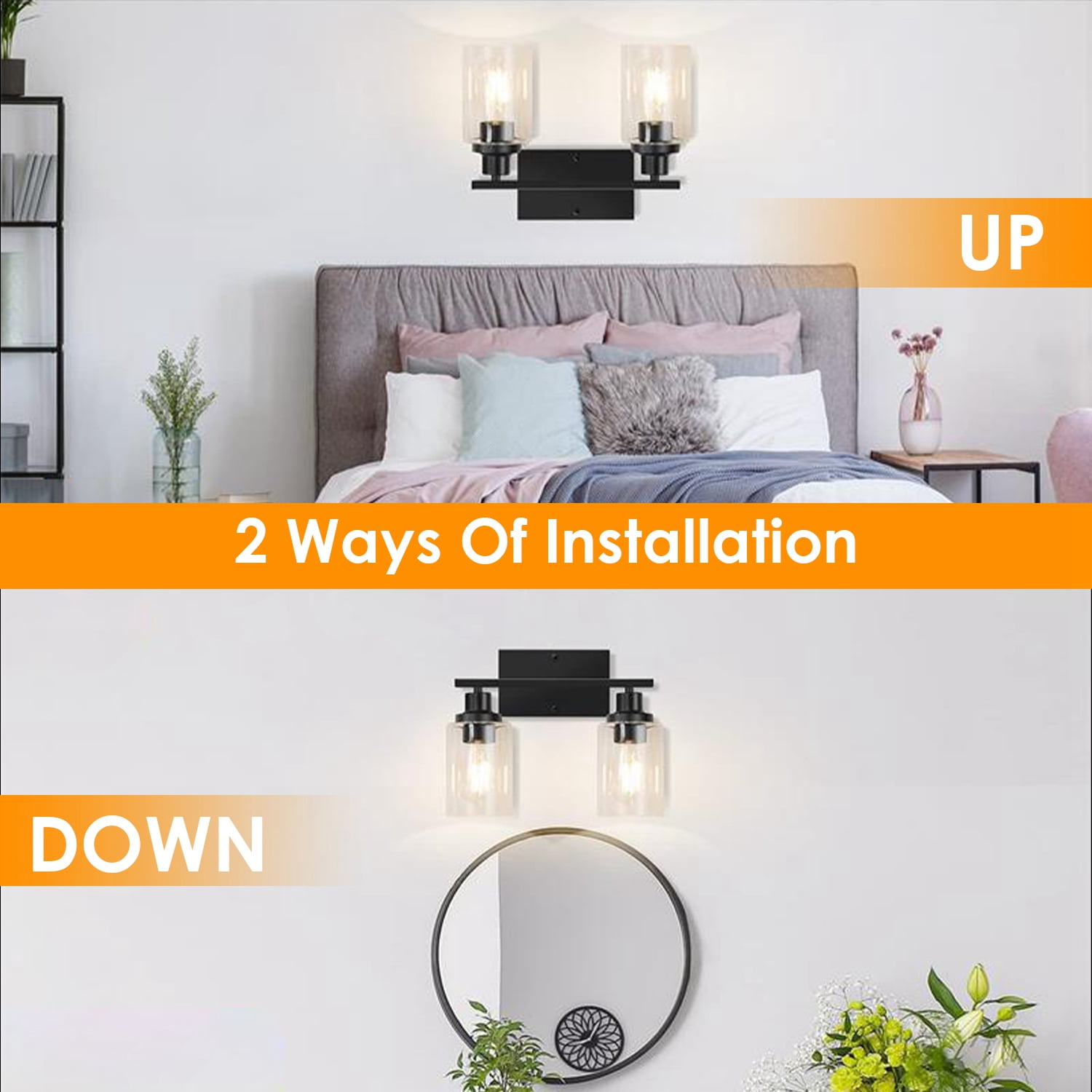 TeqHome Wall Light Sconce, 3 Light Wall Sconce Lighting with Clear Glass Shade, Bathroom Vanity Lamp Hallway Light Fixture Sconces Wall Lighting, Modern Mounted Light for Living Room, Metal Finish