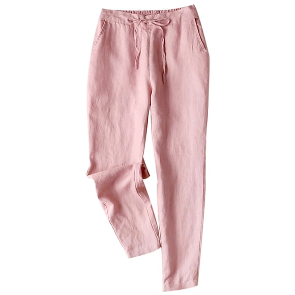 Pantalón de lino Tanming para mujer, casual de verano, rosa, talla L, con cordón