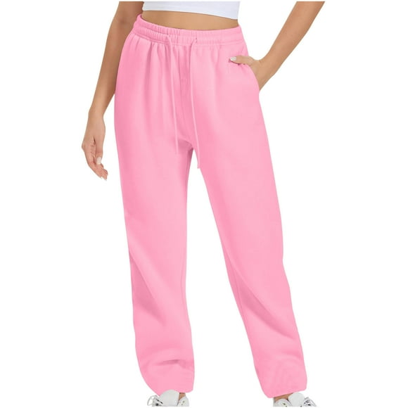 yoeyez Womens High Waisted Lounge Yoga Pants Travel Casual Sweat Pants Drawstring Workout Pants with Pockets Wide Leg Sweatpants Women Clearance Pink,S