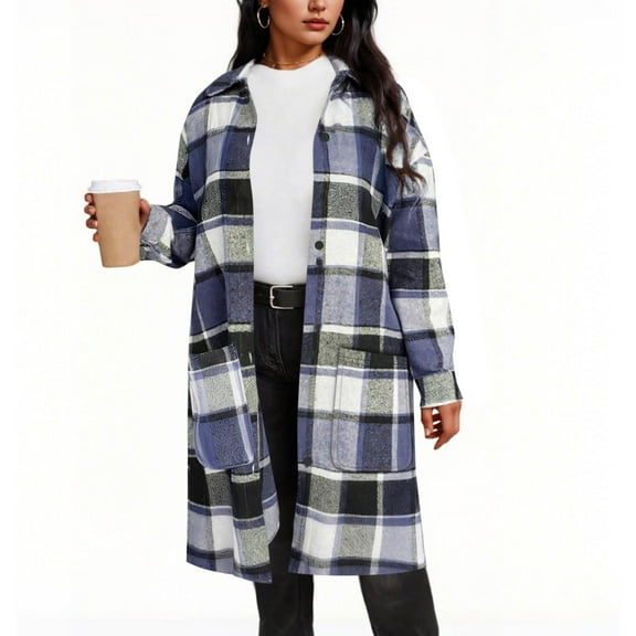 Women's Plaid Coat Long Sleeve Button Down Lapel Collar Mid Length Outerwear with Pockets Blue M