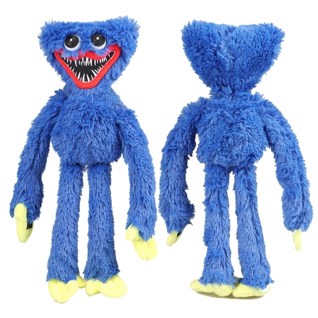 poppy playtime huggy wuggys plush, 15.7in Huggy Wuggy azul en vista frontal y posterior; peluche de monstruo de pelo largo azul con boca roja y dientes blancos puntiagudos, ojos redondos negros con borde blanco, brazos y piernas largos y patas amarillas, 15.7 in (40 cm), adecuado como decoración o para fans de los juegos.