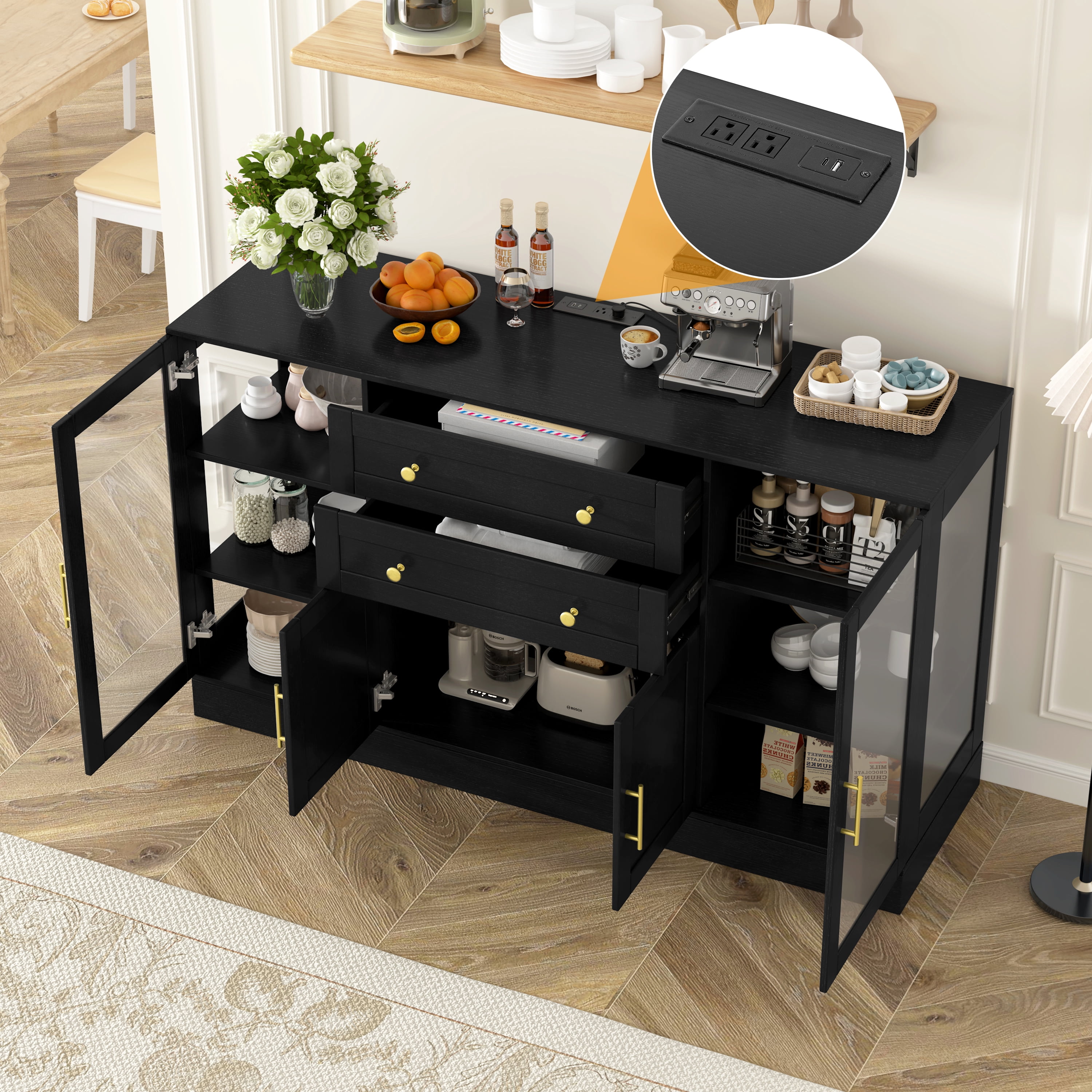 Mintazer 58" Modern Acrylic Sideboard Buffet Cabinet with Power Outlet & Adjustable Shelves, Storage Cabinet with 4 Doors & 2 Drawers for Dining Room Living Room Kitchen, Black