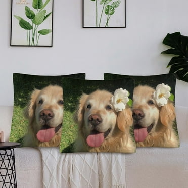 Happy Golden Retriever w/ White Flower Throw Pillow Covers 20x20 Inch Set of 6, Smiling Dog Decorative Square Cushion Cases for Sofa Couch Bed Home Decor, Floral Accent Pet Gift