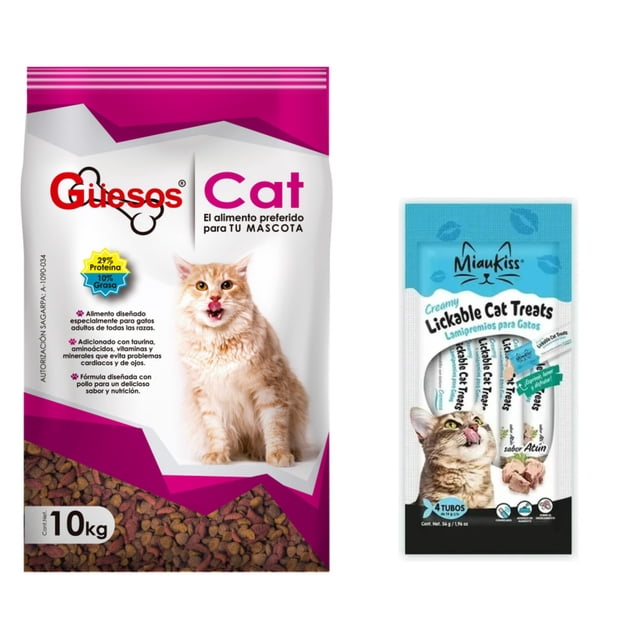 Güesos Gatos 10 kg + MIAUKISS LICKABLE ATUN 4 PACK 56GR