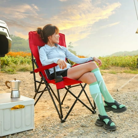 High-back Heavy-duty Folding Chair, Portable Camping Chair, with Cup Holder and Storage Bag, Sturdy and Durable, Easy To Transport, Suitable for Camping and Picnics, Red