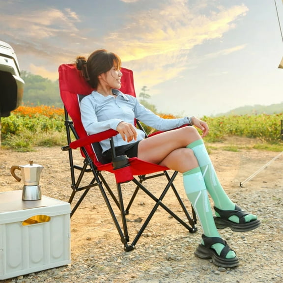 High-back Heavy-duty Folding Chair, Portable Camping Chair, with Cup Holder and Storage Bag, Sturdy and Durable, Easy To Transport, Suitable for Camping and Picnics, Red