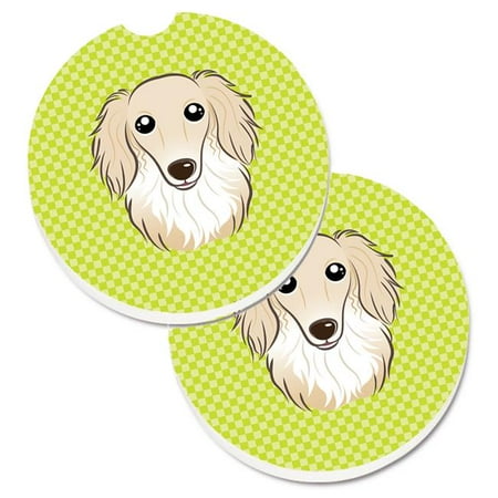 

Checkerboard Lime Green Longhair Creme Dachshund Set of 2 Cup Holder Car Coaster