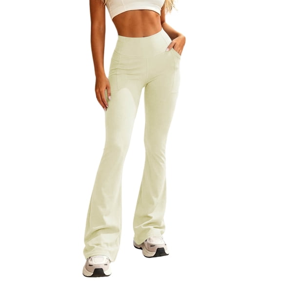 NTACZA Pants for Women Side Pockets Flare Leggings Quick Dry Butt Lifting Workout High Waisted Solid Daily Wear Sports Athletic Relaxed Fit Yoga Pants Beige L