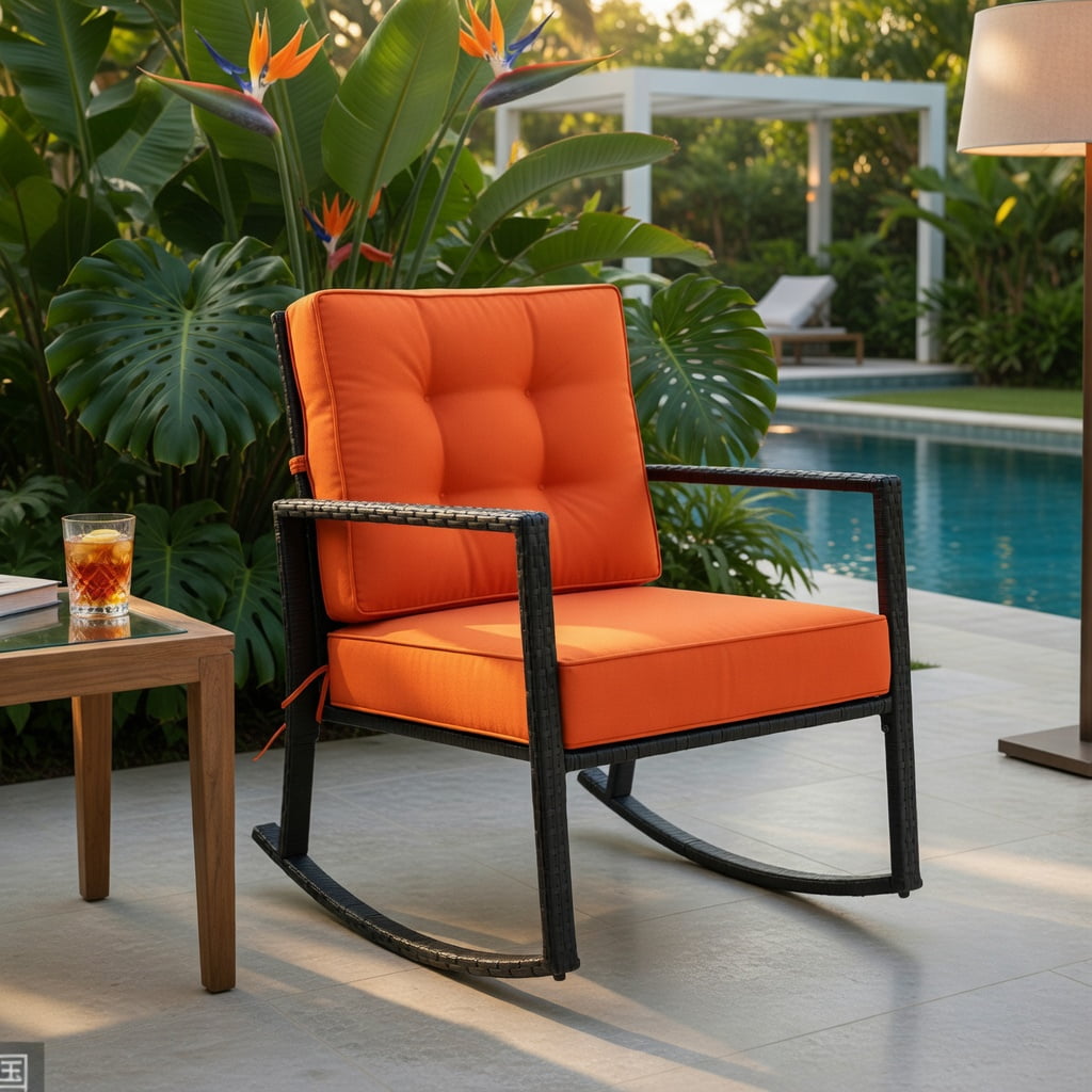 Hommoo Outdoor Rattan Rocking Chair with Thick Cushions, PE Wicker Glider for Patio, Backyard, Deck, Rustic Black Frame, Orange