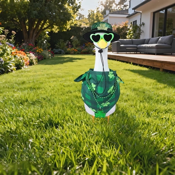 romoty St. Patrick's Day Porch Goose Outfits 4-Piece Accessory Set, Lucky Shamrock Porch Goose Clothes for 23-inch Lawn Goose, Green Hat, Bandana, Glasses & Necklace Costume