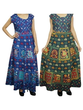 Mogul 2 Bohemian Blue Cotton Maxi Dress Elephant Print Sleeveless Boho Chic Gypsy Long Dresses L