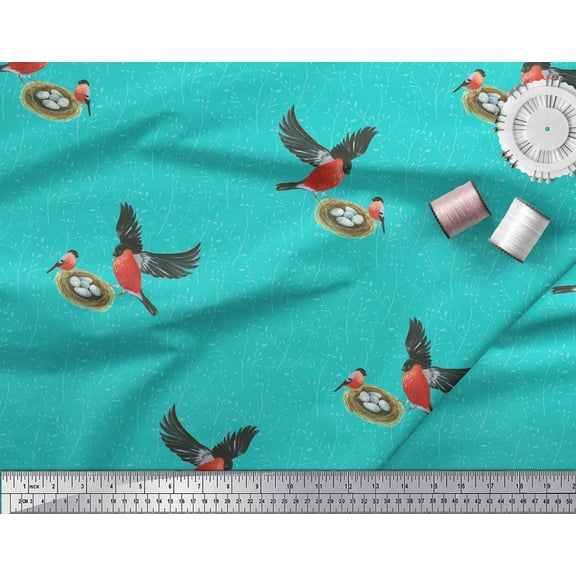 Soimoi Green Cotton Duck Fabric Nest & Bullfinch Bird Print Fabric by Yard 42 Inch Wide