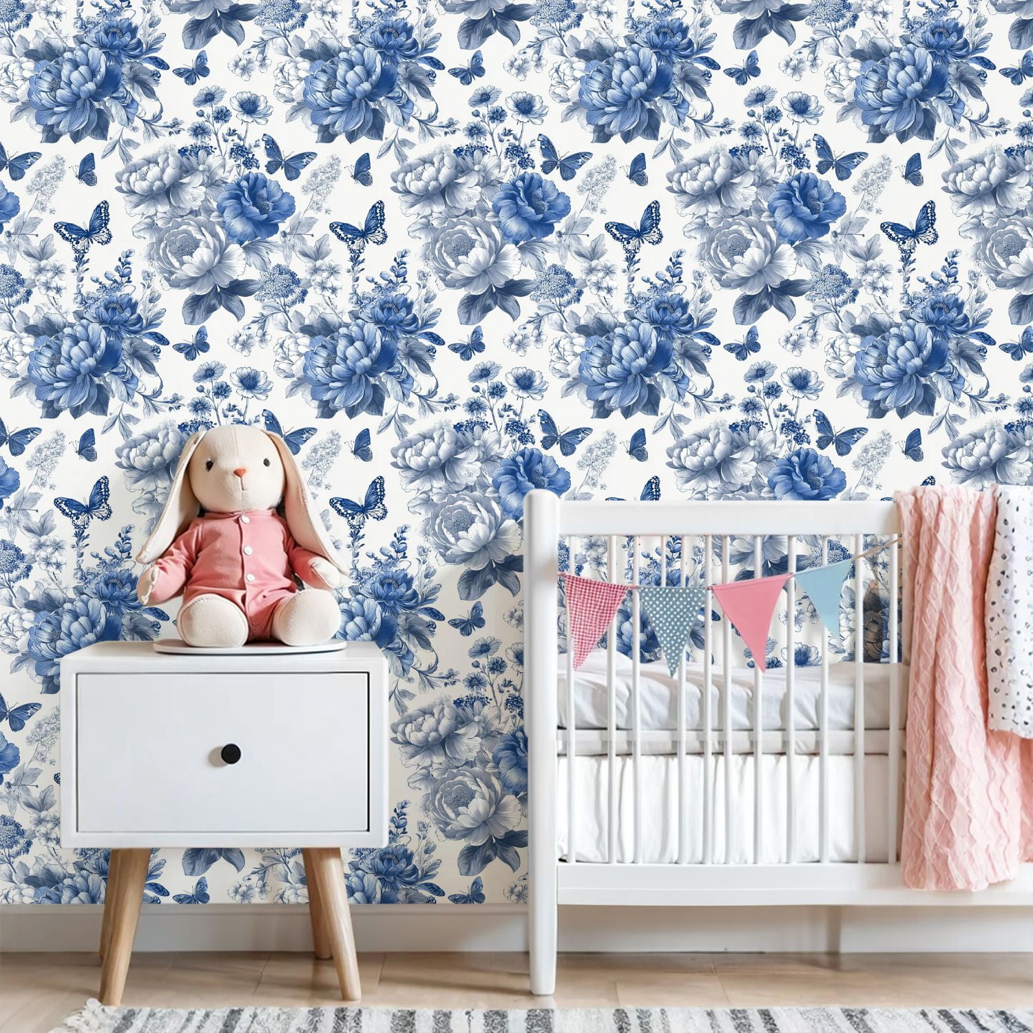 Vintage Peel and Stick Wallpaper 23.6in x 9.8ft Blue Floral Butterflies Hand Drawn Style Contact Paper Vinyl Self-Adhesive Removable Wall Paper for Bedroom Kitchen Cabinet Décor Renter Friendly