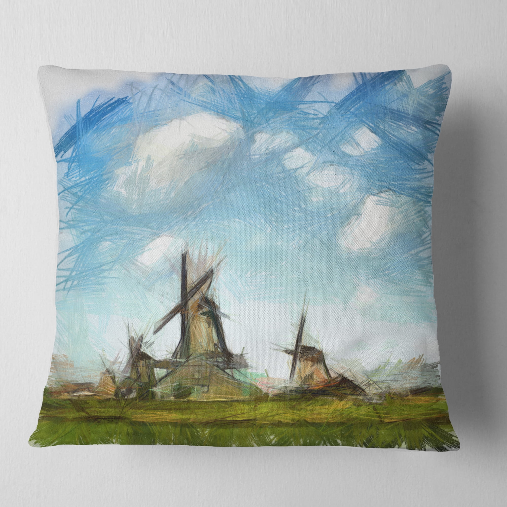 Designart Watercolor Windmill in Netherlands - Landscape Printed Throw Pillow - 18x18