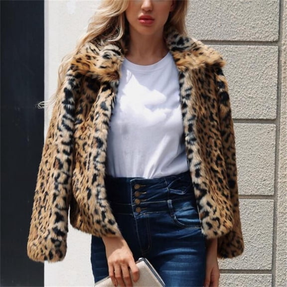 Women Cheetah Leopard Print Lapel Fleece Jacket Fall Winter Long Sleeve Soft Plush Outerwear Coat Apparel Clothing A L
