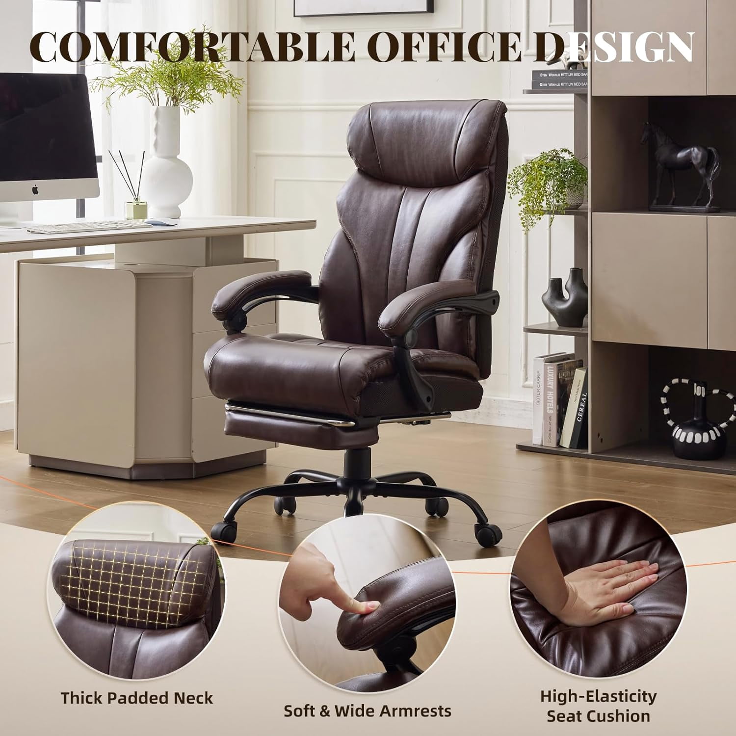 Ergonomic Executive Office Chair with High Back Support, Padded Armrests, Retractable Footrest, Wide Seat, and Heavy-Duty Swivel Base – Comfortable Computer Desk Chair for Home Office
