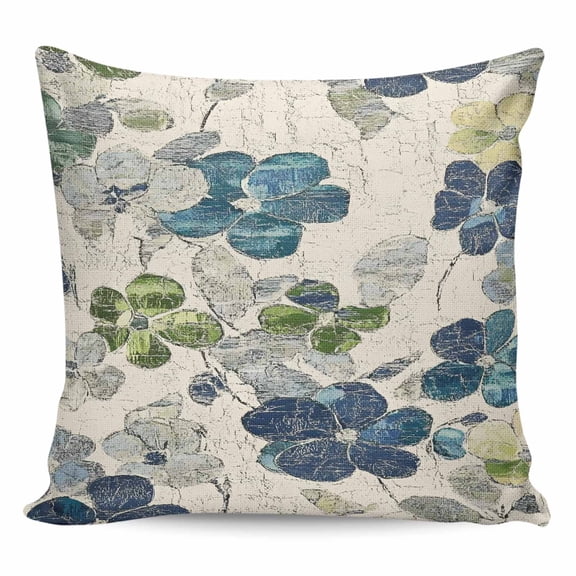 Throw Pillow Covers 16x16 Inch, Teal Green Grey Leaves Decorative Pillow Cases for Couch Sofa Bed, Vintage Beige Crack Texture Cotton Linen Square Home Decor Pillowcases with Hidden Zipper